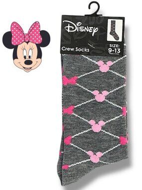 Disney Minnie Mouse Crew Socks Novelty Casual Pink Gray Adult 9-13 One Size